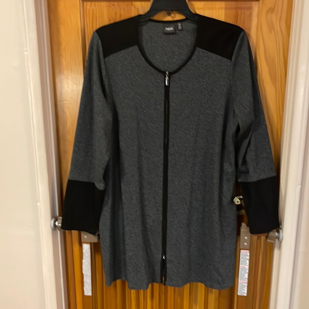 Rafaella gray long sweater trimmed in black suede